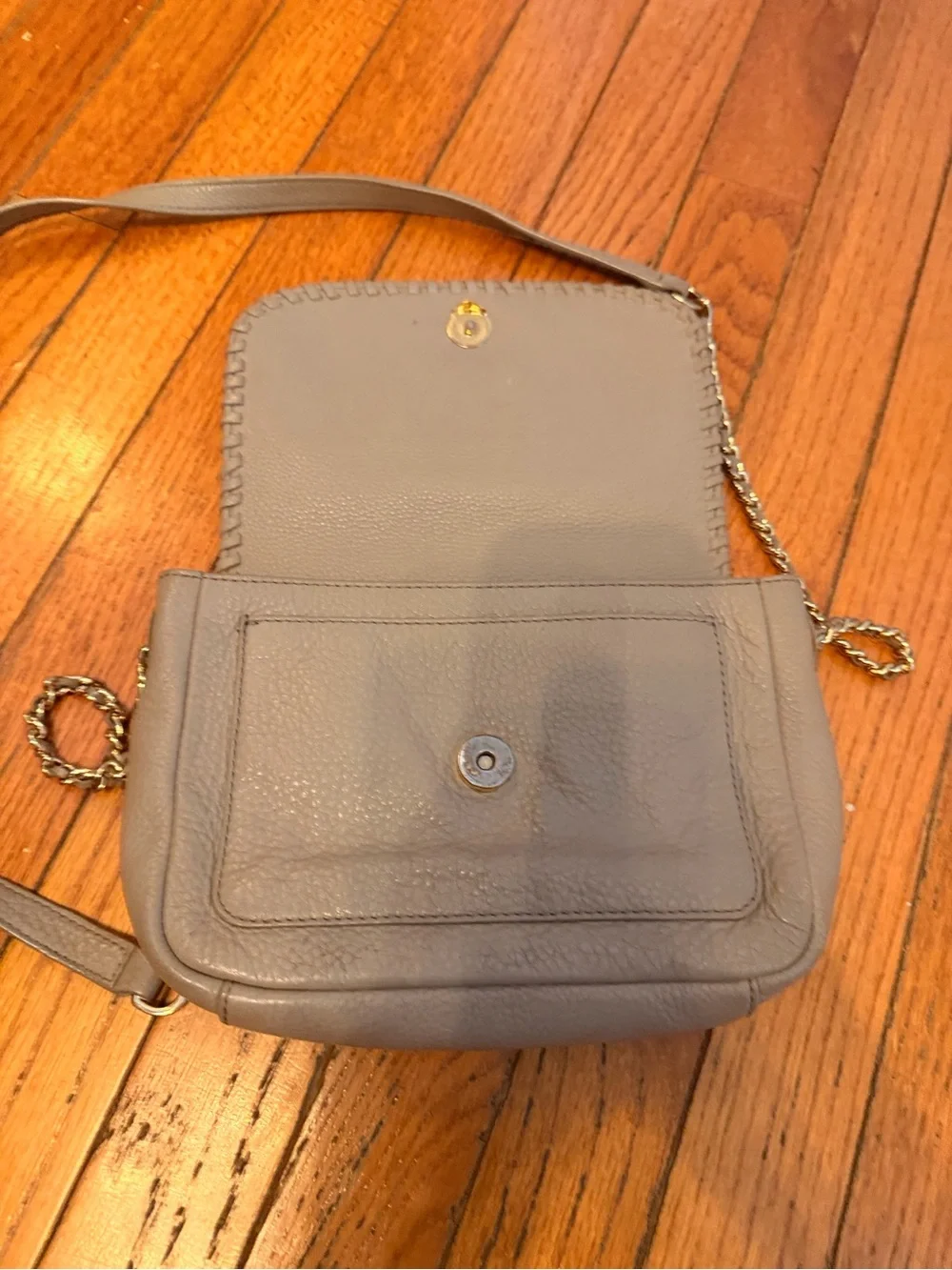 Tory Burch Gray Pebbled Leather Whipstitch Crossbody with Chain Strap